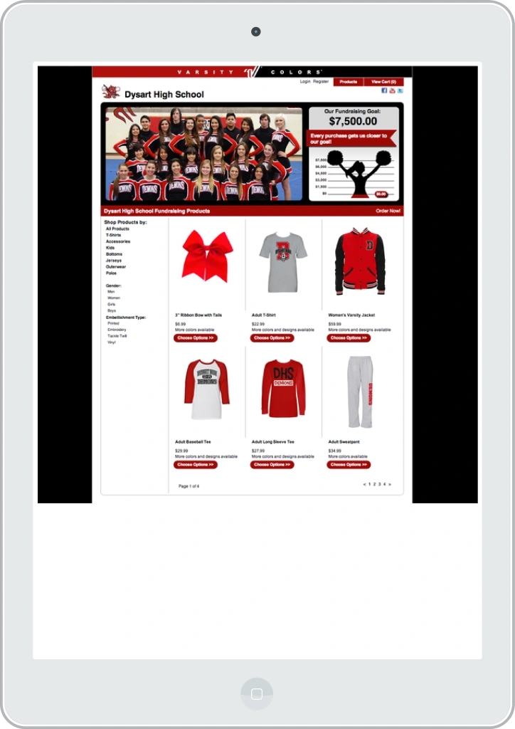 Tablet showing high school sports gear shop website