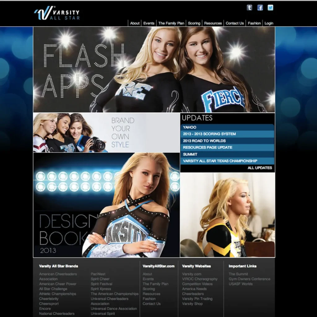 Desktop screen showing home screen for a cheer uniform store