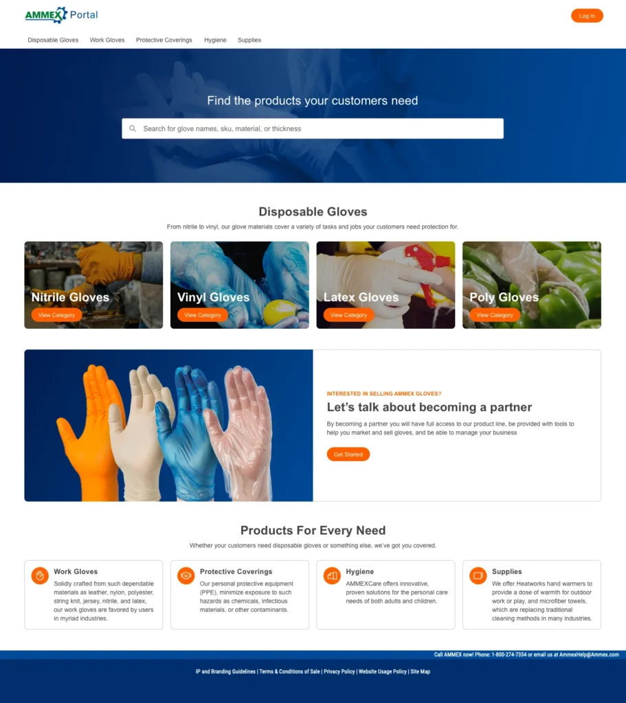 Ammex's B2B Commerce home page. It has a product search field, a list of top-level categories including Nitrile Gloves, Vinyl Gloves, Latext Gloves, and Poly Gloves.