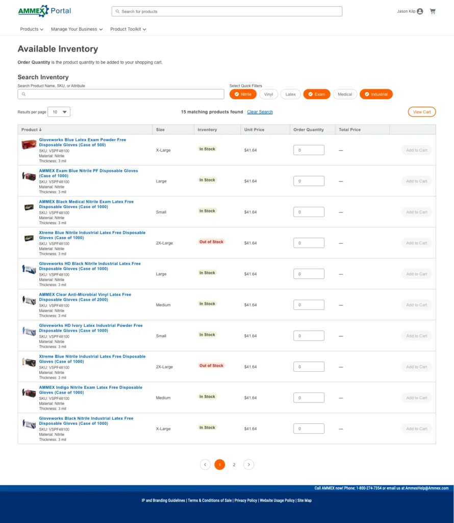 Ammex's Available Inventory screen. This screens shows much inventory of a product is allocated specifically to them.