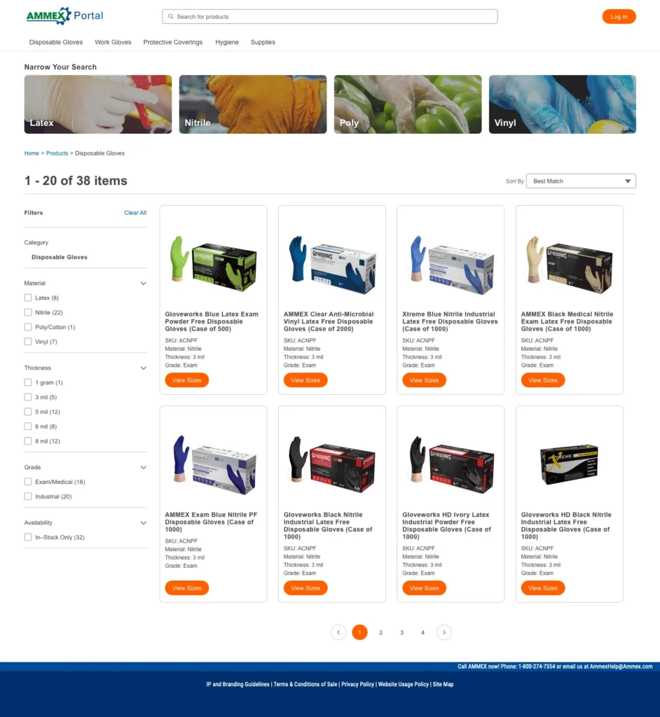 Ammex's B2B website product list page.