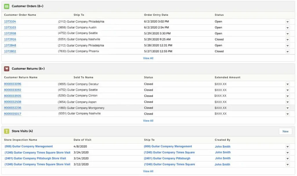 customer detail showing related orders, returns, and store visits
