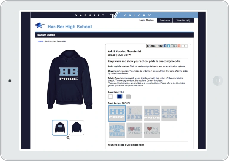 Tablet showing customized commerce site for high school team