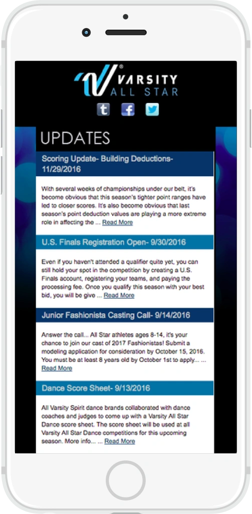 Phone screen showing updates for a commerce site