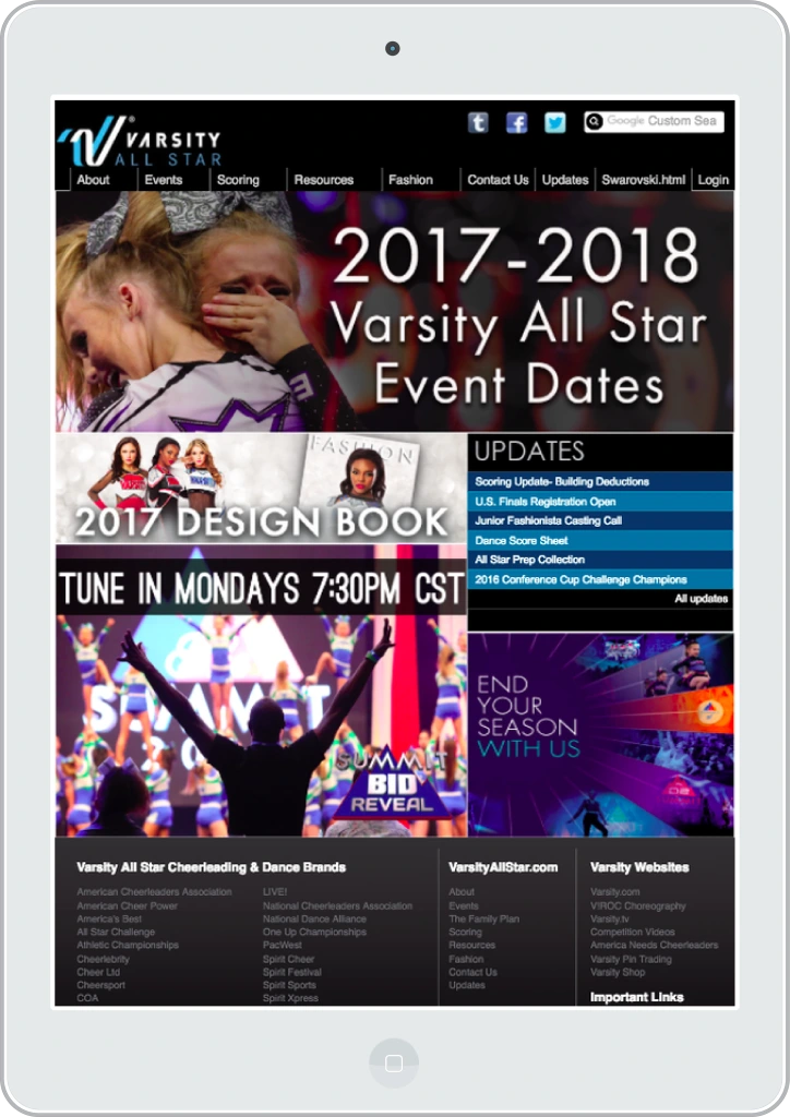 Tablet showing home screen for a cheer uniform store